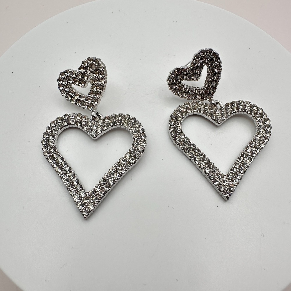 Vintage Y2K Silver Tone Rhinestone Double Heart Dangle Earrings